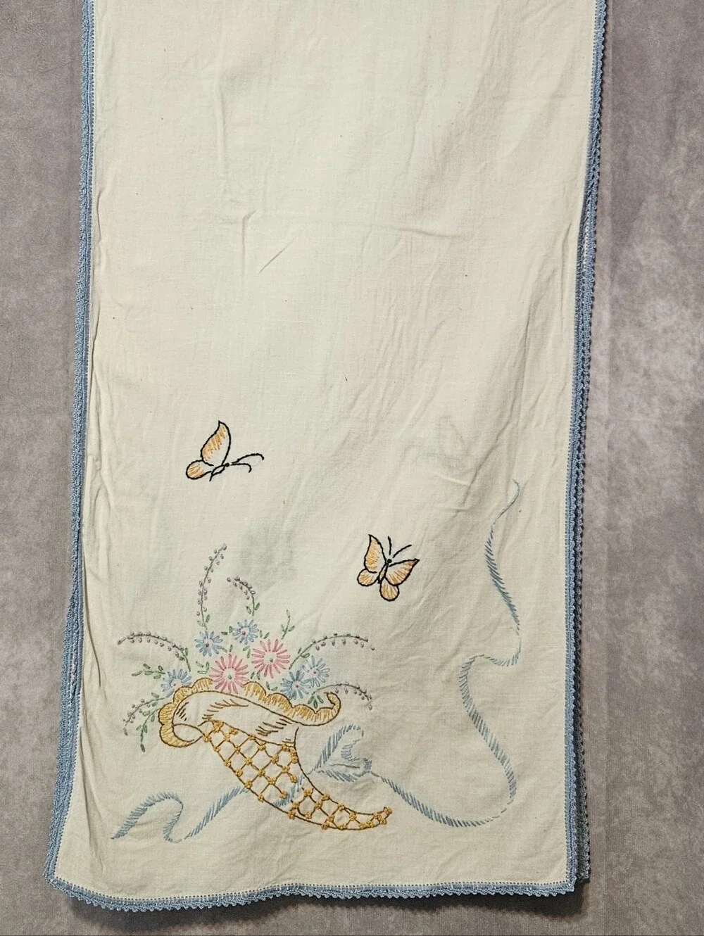 Vintage Embroidered Table Runner Cornucopia Butterflies Floral Blue Crochet Edge